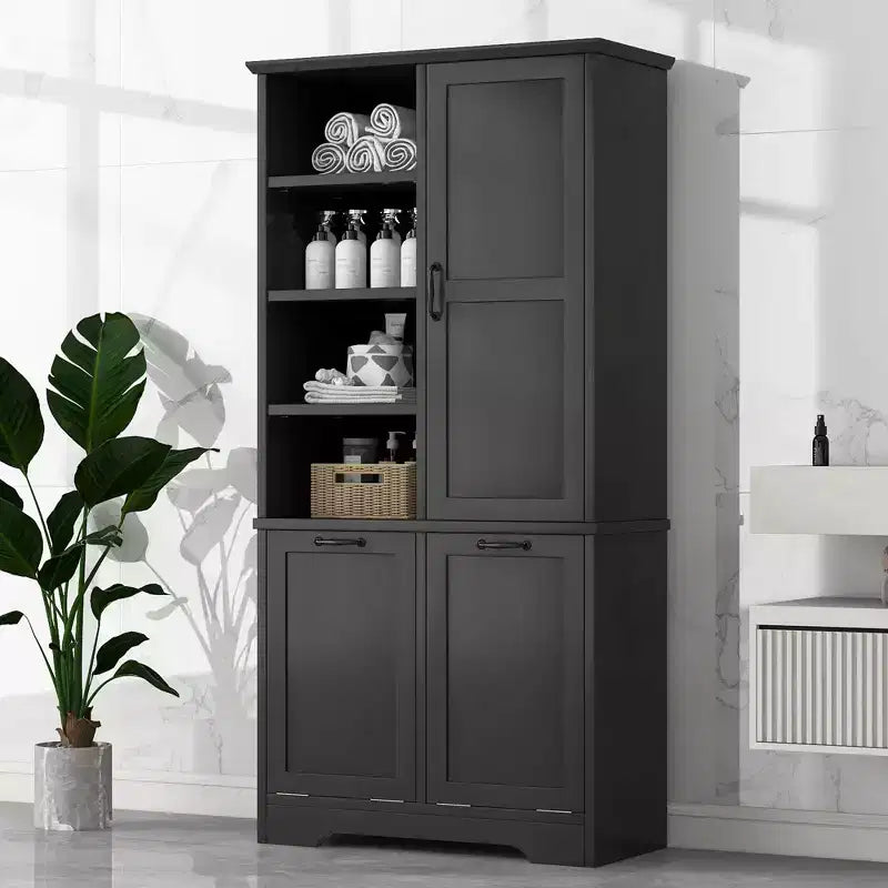 Armario de baño independiente blanco/negro con cesto extraíble, 1 persona