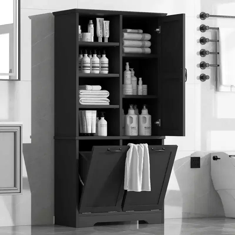 Armario de baño independiente blanco/negro con cesto extraíble, 1 persona
