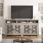 Mueble de TV estilo rústico en gris ceniza con puertas de cristal y luces LED, apto para televisores de hasta 80"