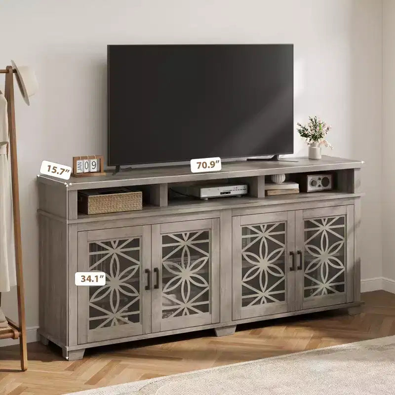 Mueble de TV estilo rústico en gris ceniza con puertas de cristal y luces LED, apto para televisores de hasta 80"