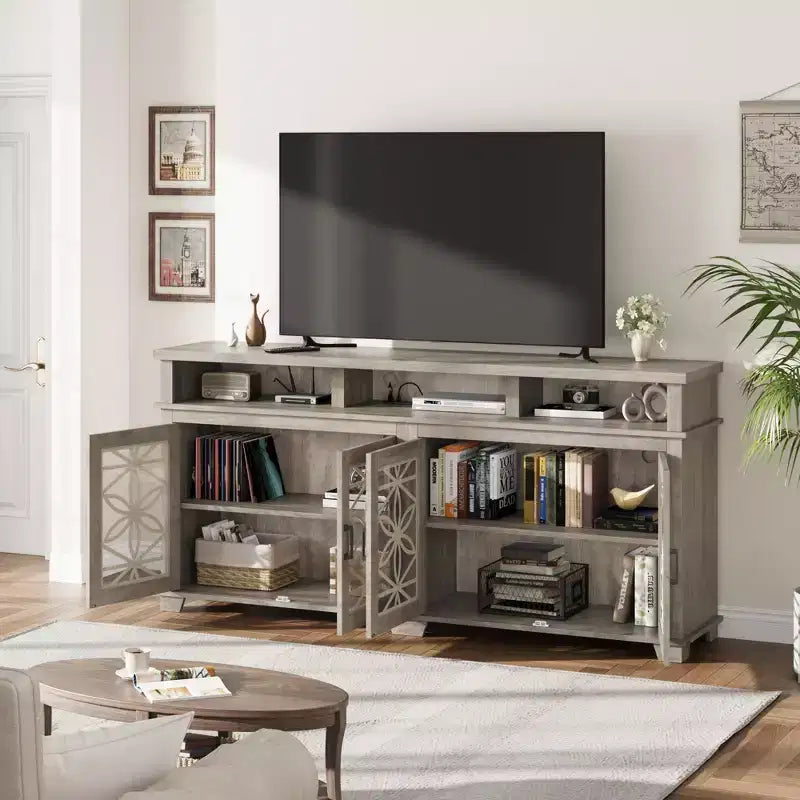Mueble de TV estilo rústico en gris ceniza con puertas de cristal y luces LED, apto para televisores de hasta 80"