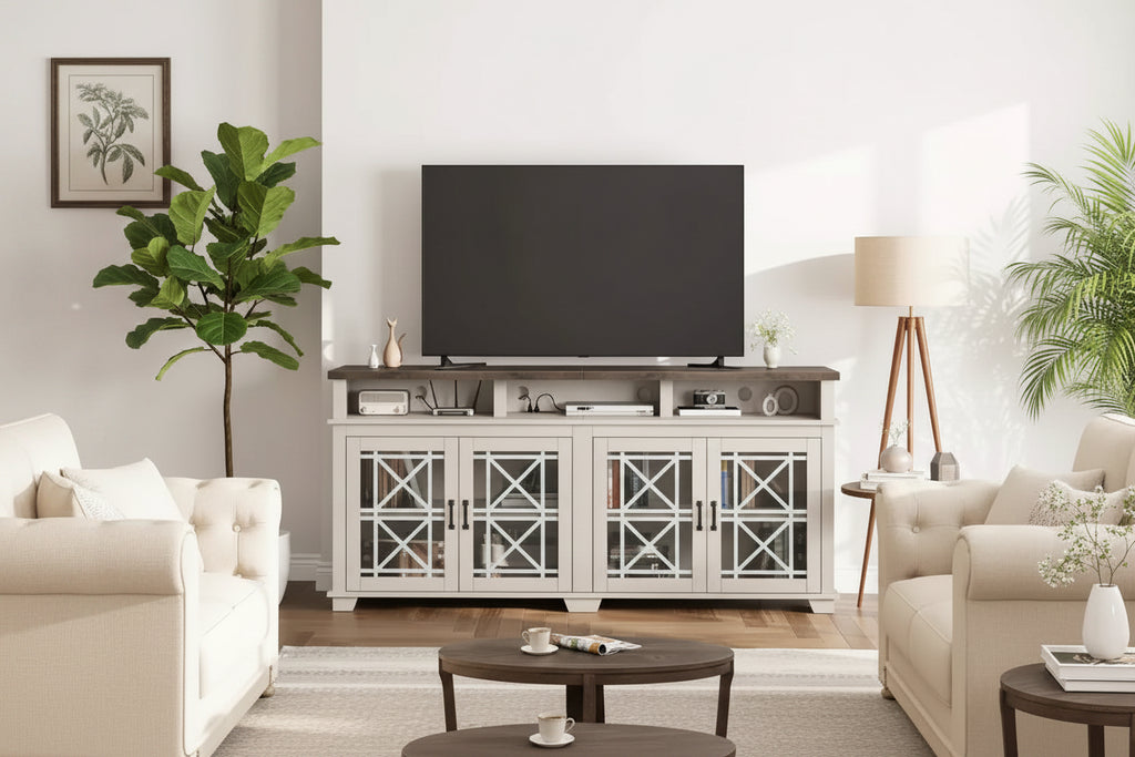 Mueble de TV estilo rústico en gris ceniza con puertas de cristal y luces LED, apto para televisores de hasta 80"