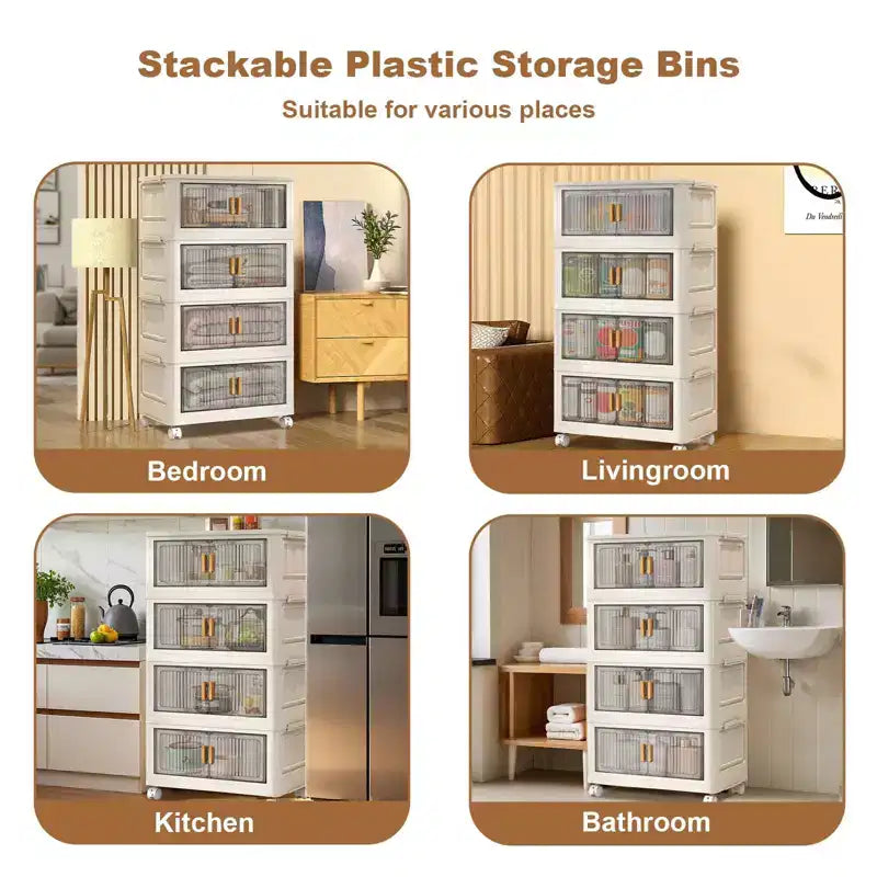 Contenedor de Almacenamiento Apilable Plegable Gris con Ruedas 360°, sin Herramientas, hasta 3 Capas