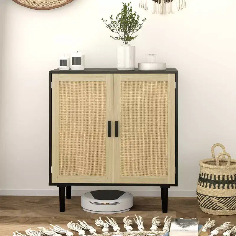 Aparador con puertas de ratán natural, 2 estantes, para sala de estar/pasillo, montaje para 1 persona