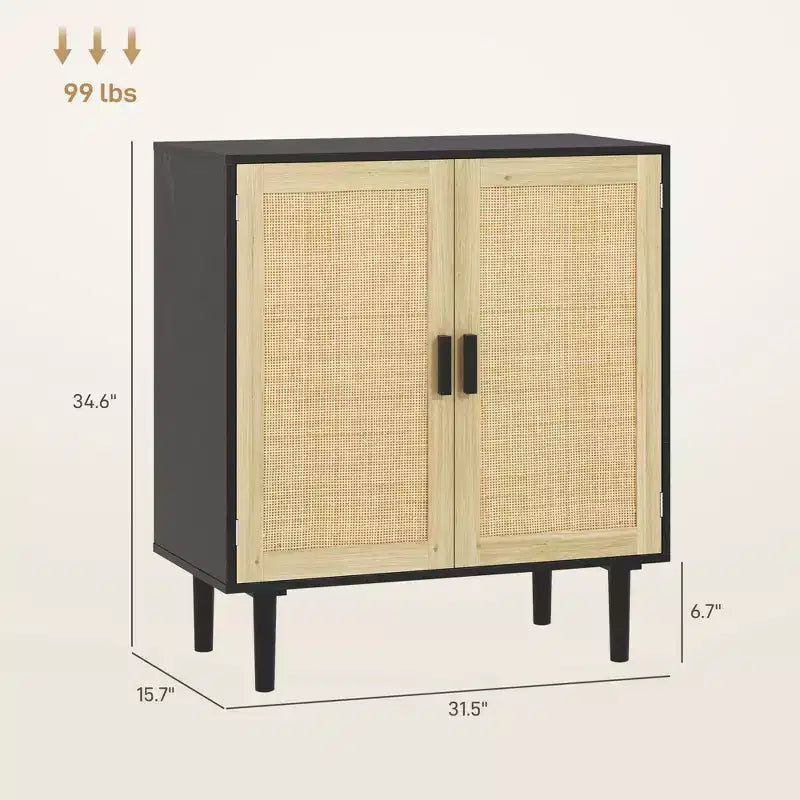 Aparador con puertas de ratán natural, 2 estantes, para sala de estar/pasillo, montaje para 1 persona