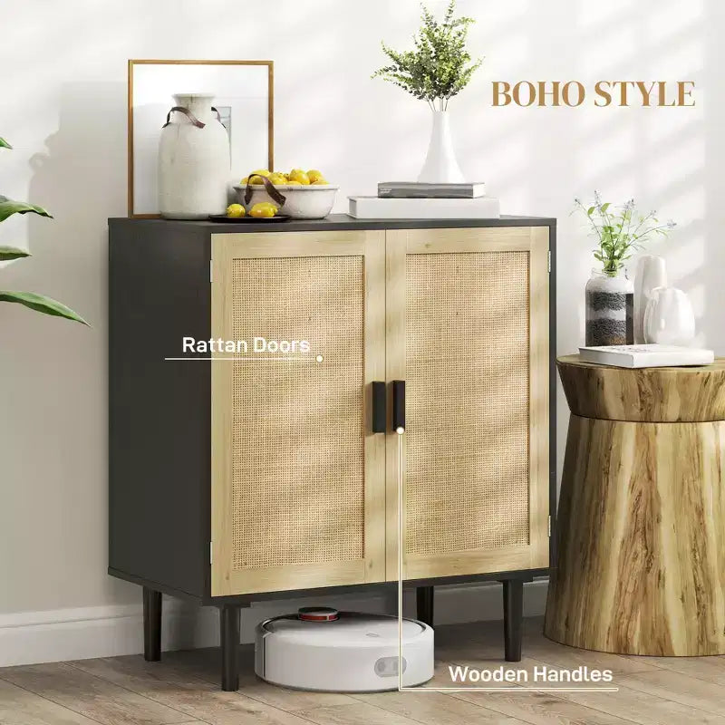 Aparador con puertas de ratán natural, 2 estantes, para sala de estar/pasillo, montaje para 1 persona