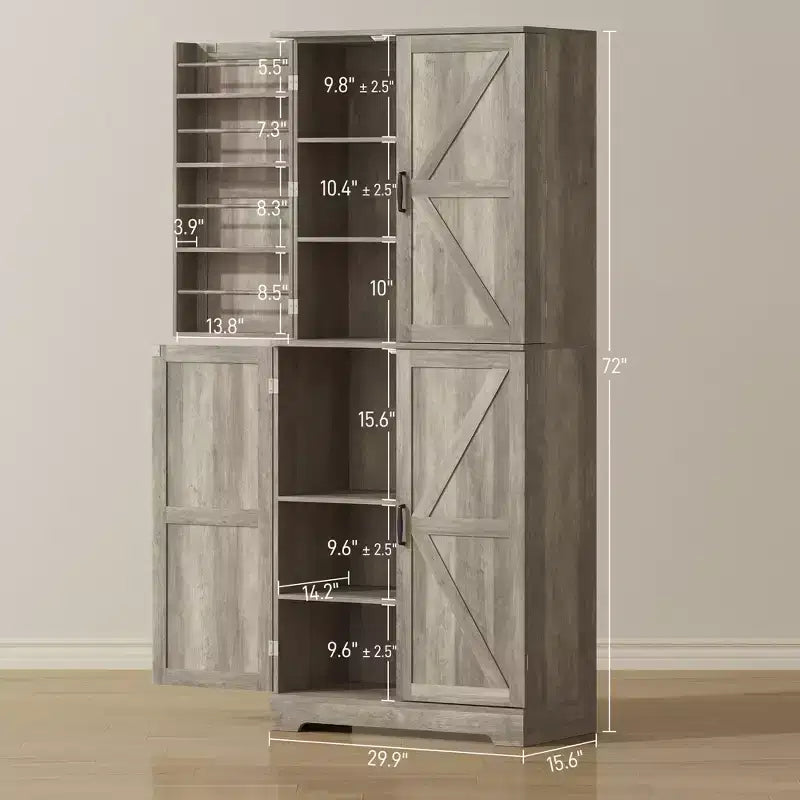 Armario de despensa de cocina de 72" de alto, 4 puertas de granero, estantes ajustables – Veta de madera blanca / Acabado gris lavado
