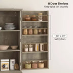 Armario de despensa de cocina de 72" de alto, 4 puertas de granero, estantes ajustables – Veta de madera blanca / Acabado gris lavado