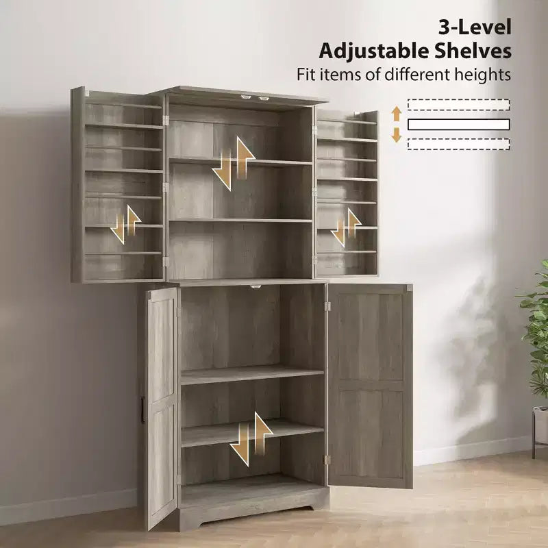 Armario de despensa de cocina de 72" de alto, 4 puertas de granero, estantes ajustables – Veta de madera blanca / Acabado gris lavado