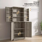 Armario de despensa de cocina de 72" de alto, 4 puertas de granero, estantes ajustables – Veta de madera blanca / Acabado gris lavado