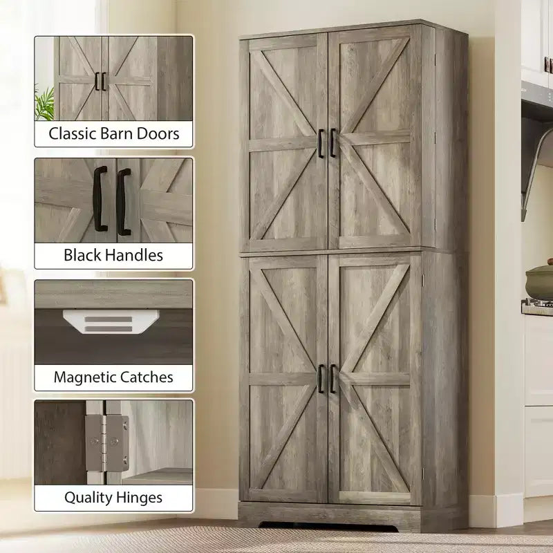 Armario de despensa de cocina de 72" de alto, 4 puertas de granero, estantes ajustables – Veta de madera blanca / Acabado gris lavado