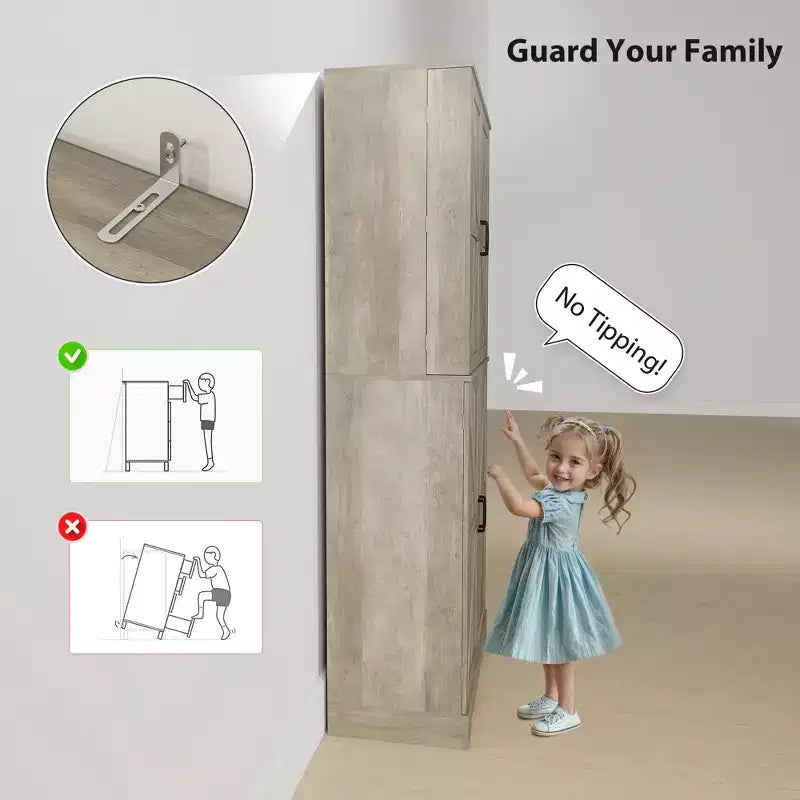 Armario de despensa de cocina de 72" de alto, 4 puertas de granero, estantes ajustables – Veta de madera blanca / Acabado gris lavado