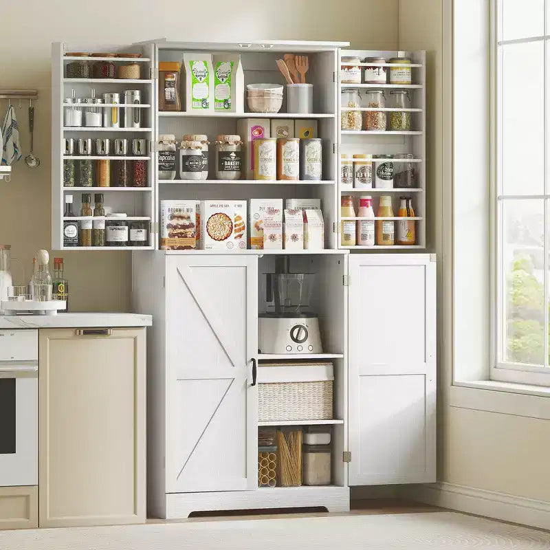 Armario de despensa de cocina de 72" de alto, 4 puertas de granero, estantes ajustables – Veta de madera blanca / Acabado gris lavado