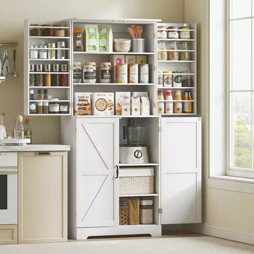 Armario de despensa de cocina de 72" de alto, 4 puertas de granero, estantes ajustables – Veta de madera blanca / Acabado gris lavado