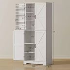 Armario de despensa de cocina de 72" de alto, 4 puertas de granero, estantes ajustables – Veta de madera blanca / Acabado gris lavado