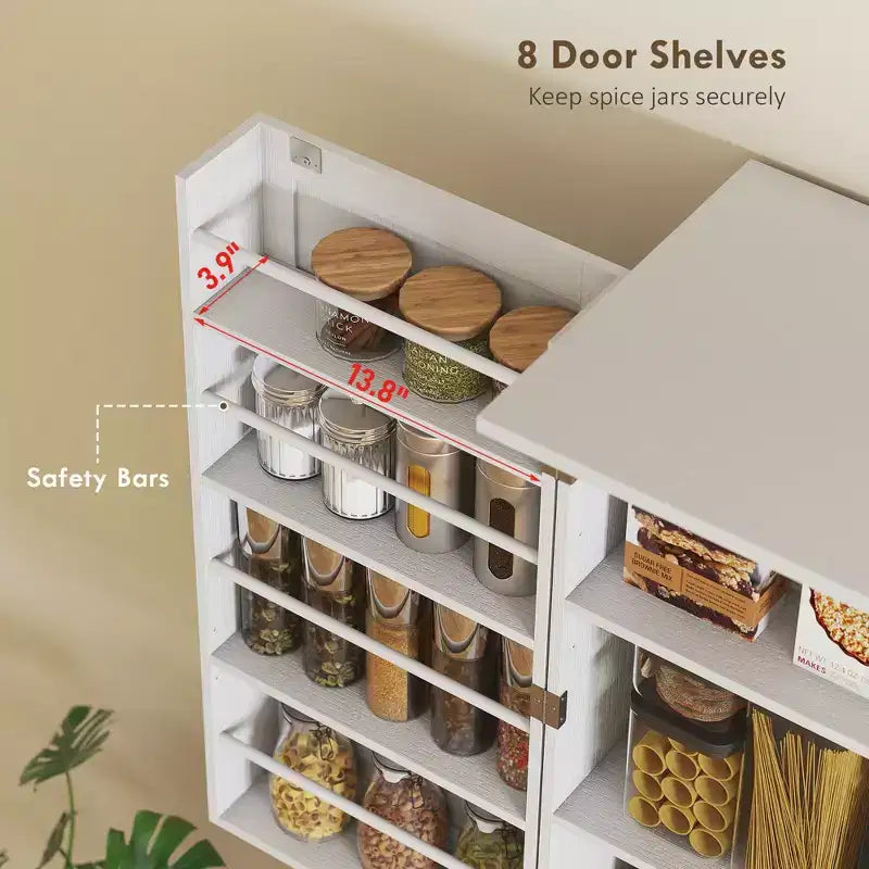 Armario de despensa de cocina de 72" de alto, 4 puertas de granero, estantes ajustables – Veta de madera blanca / Acabado gris lavado