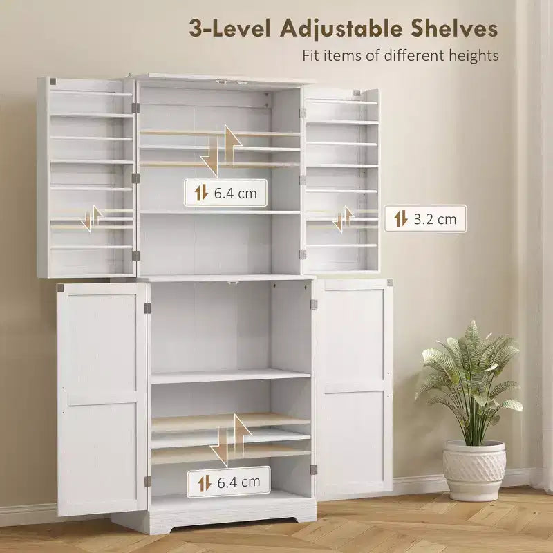Armario de despensa de cocina de 72" de alto, 4 puertas de granero, estantes ajustables – Veta de madera blanca / Acabado gris lavado