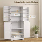 Armario de despensa de cocina de 72" de alto, 4 puertas de granero, estantes ajustables – Veta de madera blanca / Acabado gris lavado