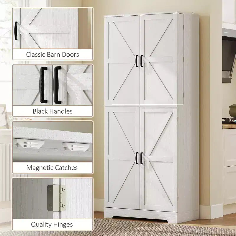 Armario de despensa de cocina de 72" de alto, 4 puertas de granero, estantes ajustables – Veta de madera blanca / Acabado gris lavado