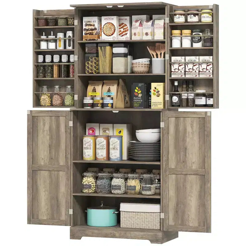 Armario de despensa de cocina de 72" de alto, 4 puertas de granero, estantes ajustables – Veta de madera blanca / Acabado gris lavado