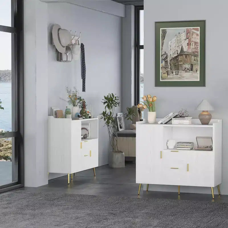 Aparador/Mueble Auxiliar de Granja en Blanco y Negro con 2 Cajones y 2 Puertas