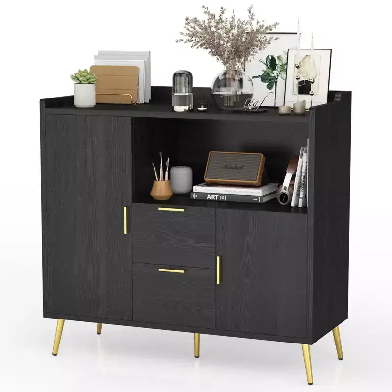Aparador/Mueble Auxiliar de Granja en Blanco y Negro con 2 Cajones y 2 Puertas