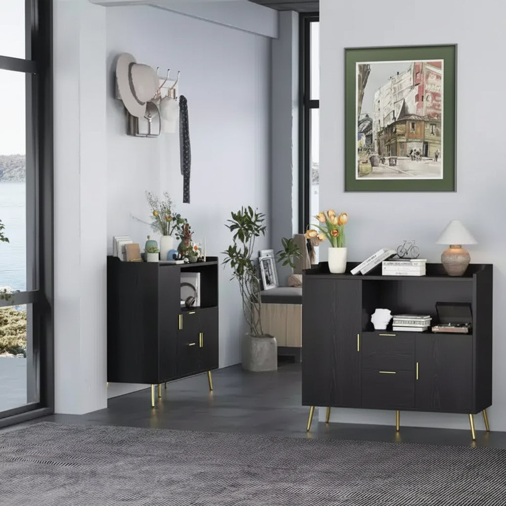Aparador/Mueble Auxiliar de Granja en Blanco y Negro con 2 Cajones y 2 Puertas