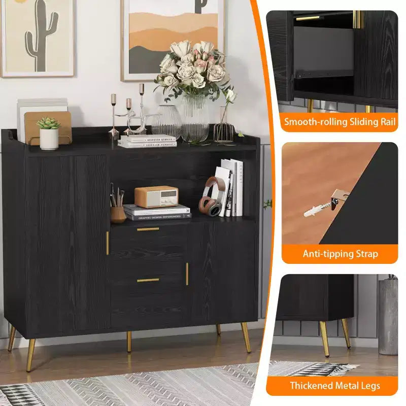 Aparador/Mueble Auxiliar de Granja en Blanco y Negro con 2 Cajones y 2 Puertas