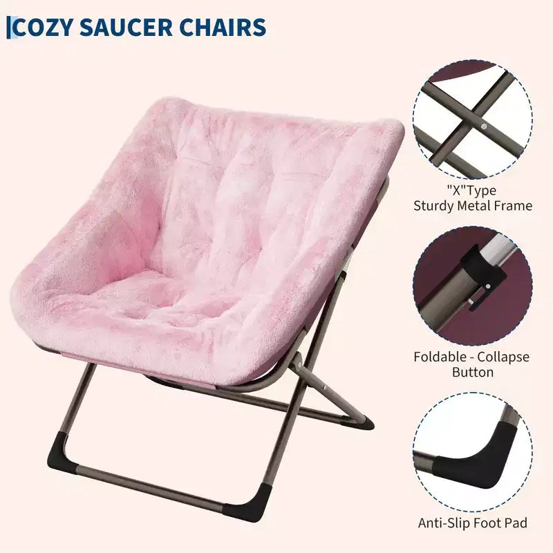 Sillón plegable tipo platillo de piel sintética de conejo gris/rosa/blanco, individual, estructura de metal