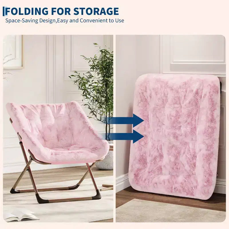 Sillón plegable tipo platillo de piel sintética de conejo gris/rosa/blanco, individual, estructura de metal
