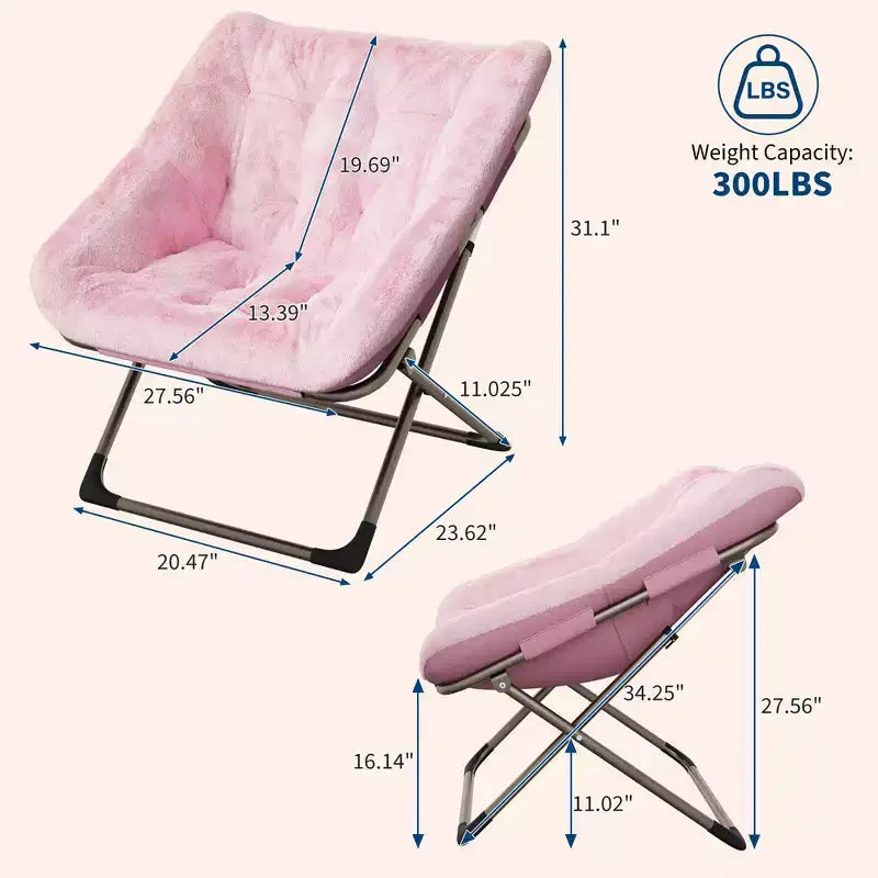 Sillón plegable tipo platillo de piel sintética de conejo gris/rosa/blanco, individual, estructura de metal