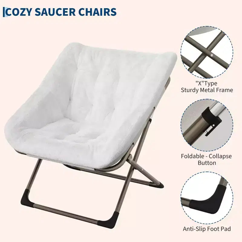 Sillón plegable tipo platillo de piel sintética de conejo gris/rosa/blanco, individual, estructura de metal