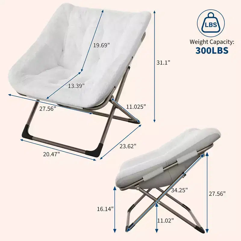 Sillón plegable tipo platillo de piel sintética de conejo gris/rosa/blanco, individual, estructura de metal