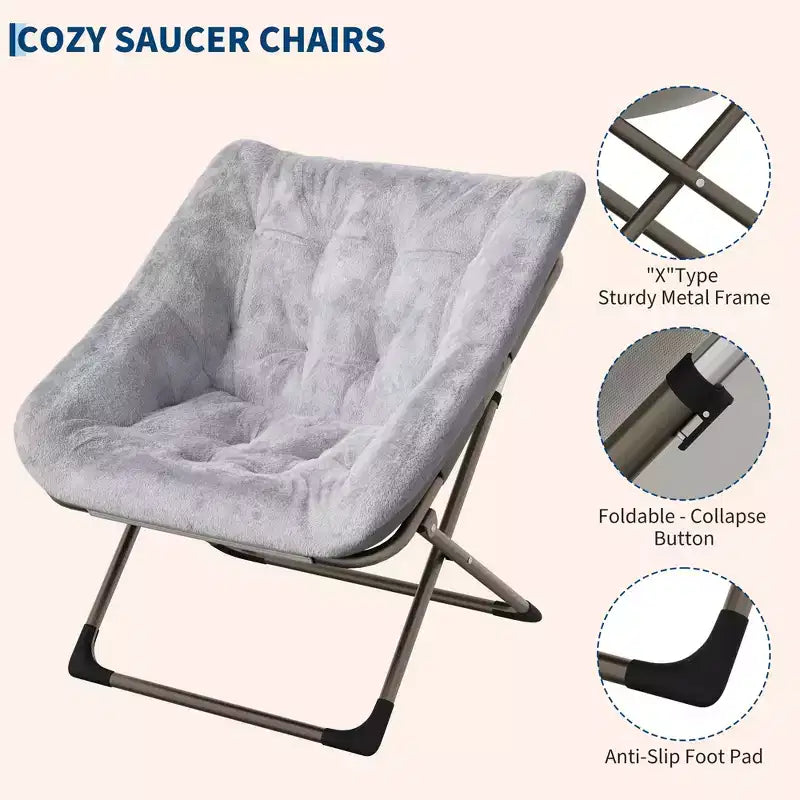Sillón plegable tipo platillo de piel sintética de conejo gris/rosa/blanco, individual, estructura de metal