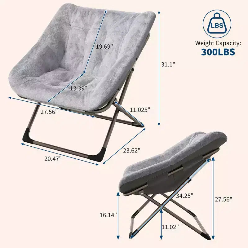 Sillón plegable tipo platillo de piel sintética de conejo gris/rosa/blanco, individual, estructura de metal