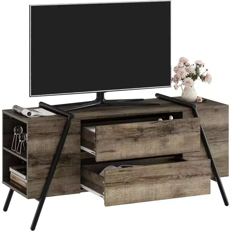 Mueble de TV de madera de roble/marrón con 2 cajones y estantes ajustables, patas de metal en forma de U, apto para televisores de hasta 65"