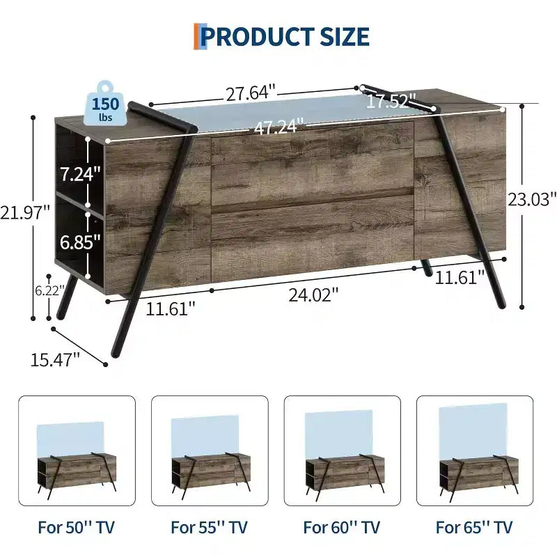 Mueble de TV de madera de roble/marrón con 2 cajones y estantes ajustables, patas de metal en forma de U, apto para televisores de hasta 65"