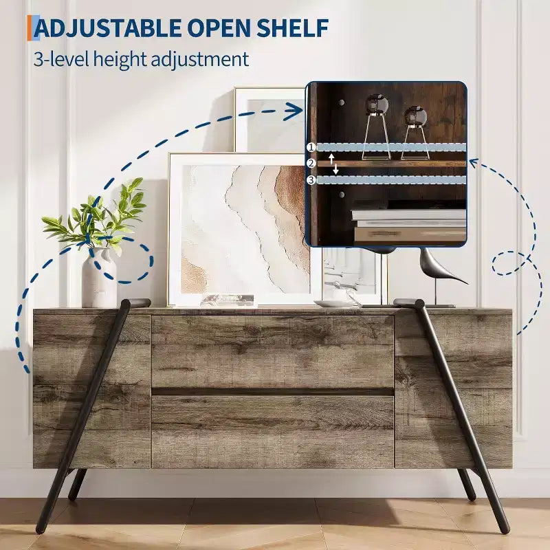 Mueble de TV de madera de roble/marrón con 2 cajones y estantes ajustables, patas de metal en forma de U, apto para televisores de hasta 65"