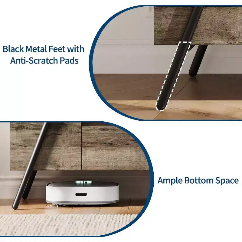 Mueble de TV de madera de roble/marrón con 2 cajones y estantes ajustables, patas de metal en forma de U, apto para televisores de hasta 65"