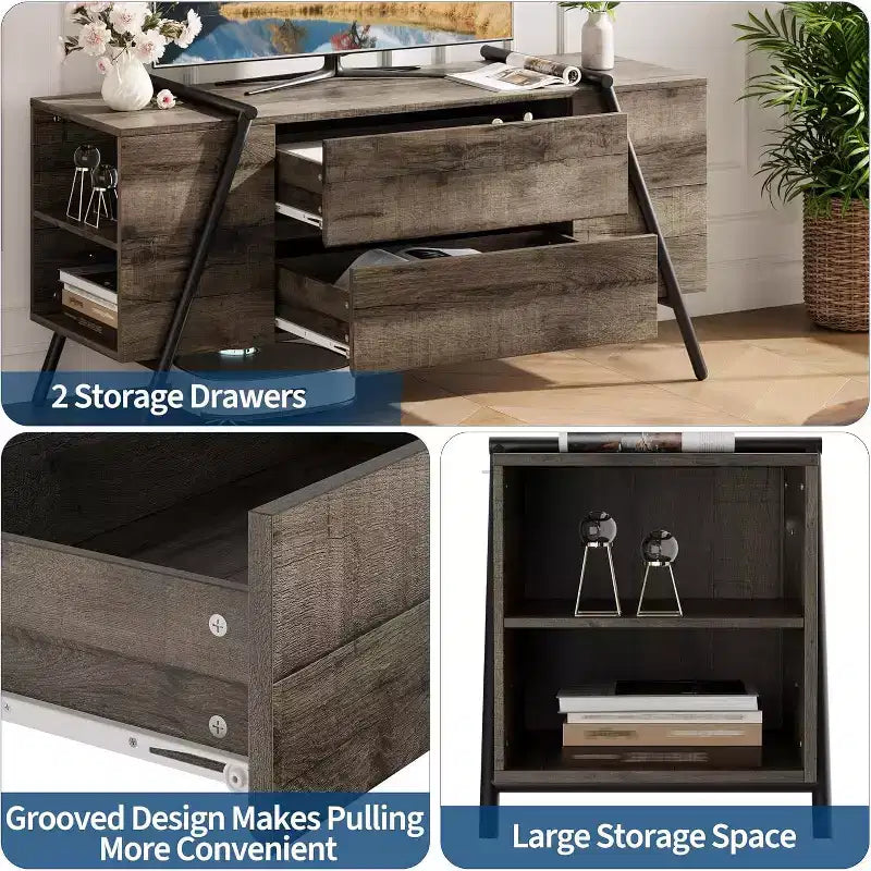 Mueble de TV de madera de roble/marrón con 2 cajones y estantes ajustables, patas de metal en forma de U, apto para televisores de hasta 65"