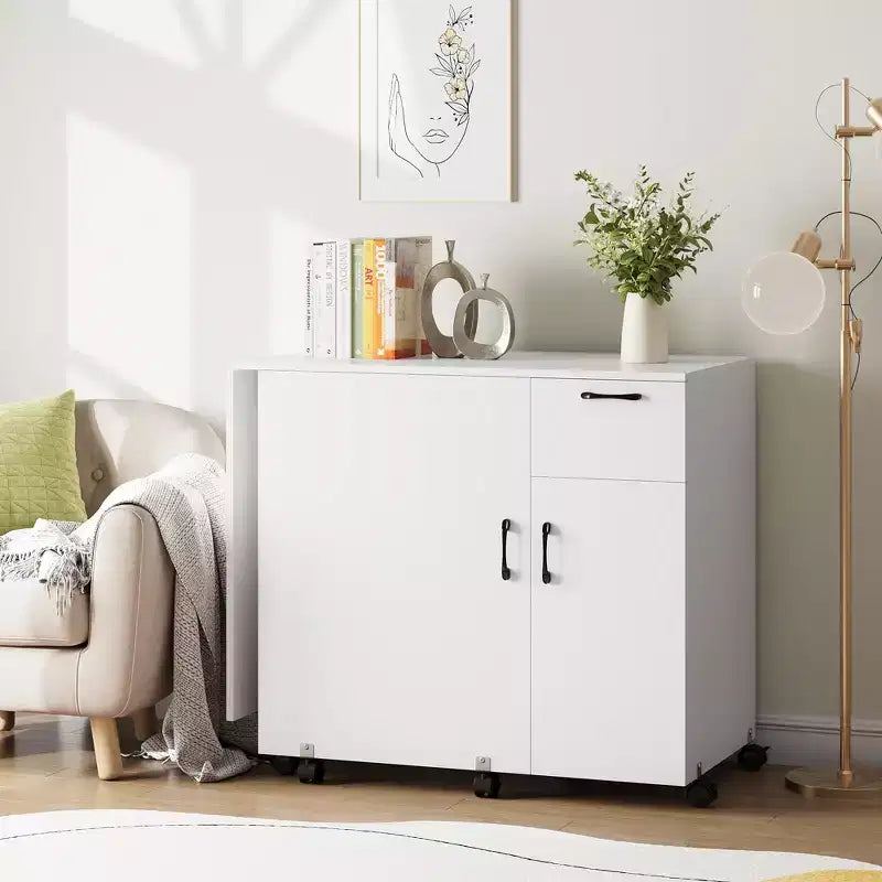 Mesa plegable blanca para coser y manualidades con almacenamiento, 1 persona