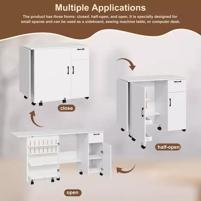 Mesa plegable blanca para coser y manualidades con almacenamiento, 1 persona