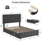 Estructura de cama tapizada en lino negro/gris/blanco con cajones de almacenamiento — Matrimonial / Queen / King, para 1 persona