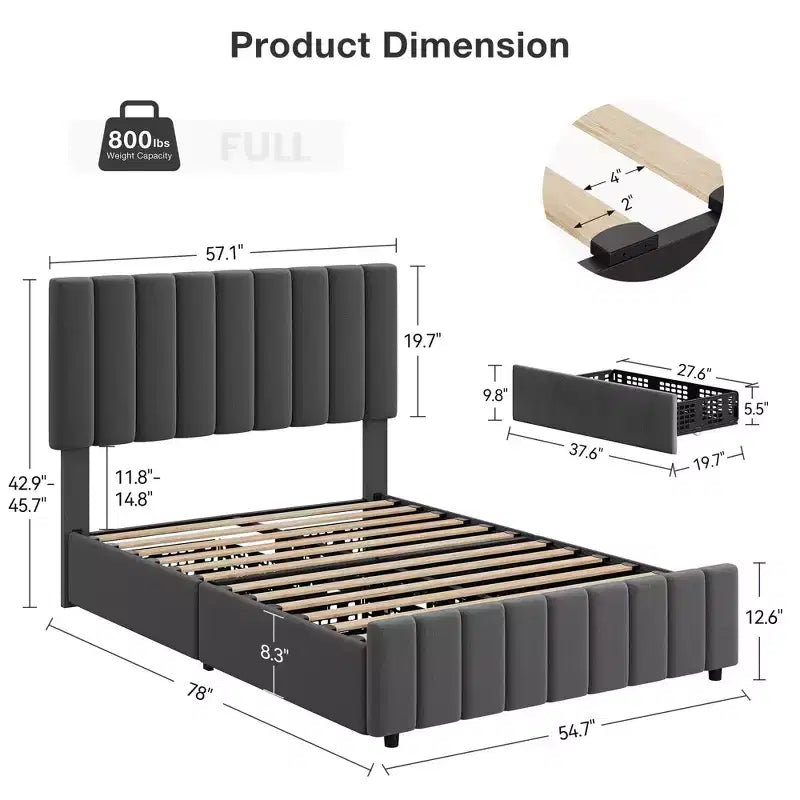 Estructura de cama tapizada en lino negro/gris/blanco con cajones de almacenamiento — Matrimonial / Queen / King, para 1 persona