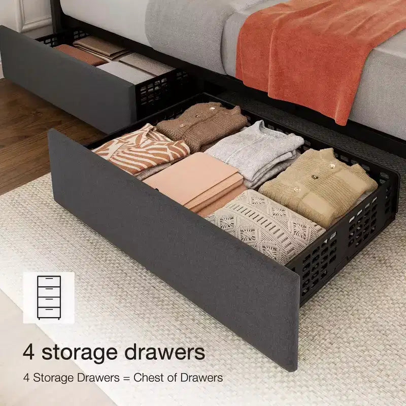 Estructura de cama tapizada en lino negro/gris/blanco con cajones de almacenamiento — Matrimonial / Queen / King, para 1 persona