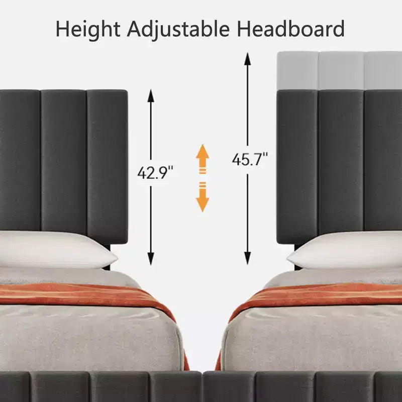 Estructura de cama tapizada en lino negro/gris/blanco con cajones de almacenamiento — Matrimonial / Queen / King, para 1 persona