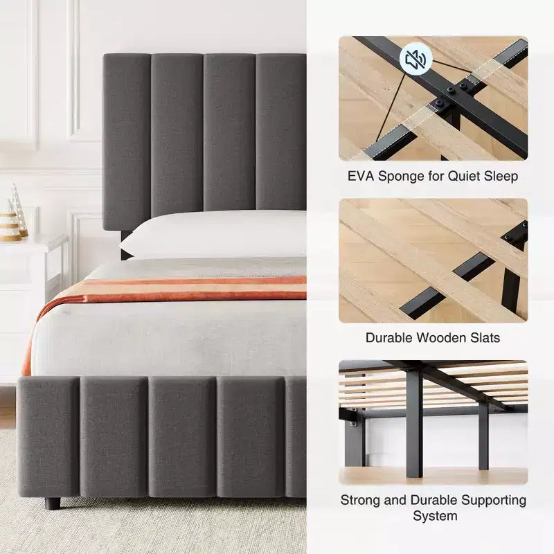 Estructura de cama tapizada en lino negro/gris/blanco con cajones de almacenamiento — Matrimonial / Queen / King, para 1 persona