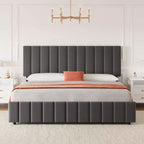 Estructura de cama tapizada en lino negro/gris/blanco con cajones de almacenamiento — Matrimonial / Queen / King, para 1 persona