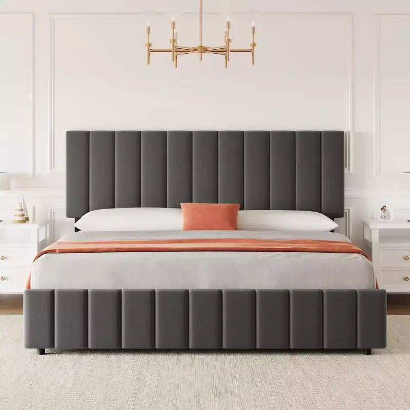 Estructura de cama tapizada en lino negro/gris/blanco con cajones de almacenamiento — Matrimonial / Queen / King, para 1 persona