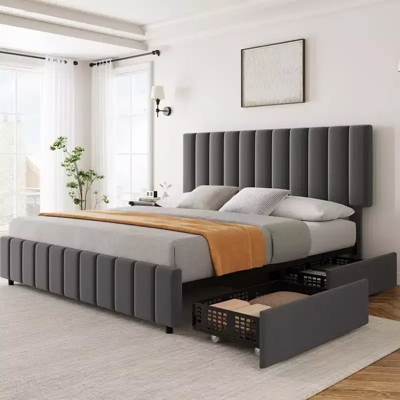 Estructura de cama tapizada en lino negro/gris/blanco con cajones de almacenamiento — Matrimonial / Queen / King, para 1 persona